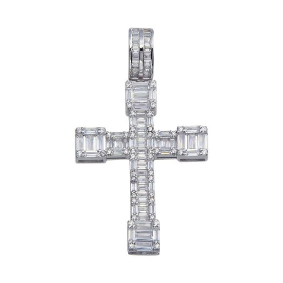 Other - Silver 925 CZ Border Baguette Cross HipHop Pendant